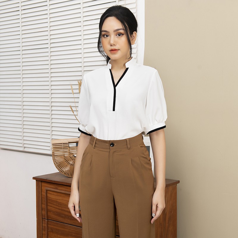 Áo sơ mi trắng nữ kiểu cổ V Chunxuu, thiết kế tay ngắn phối màu thanh lịch chất lụa cao cấp chống nhăn - SP18