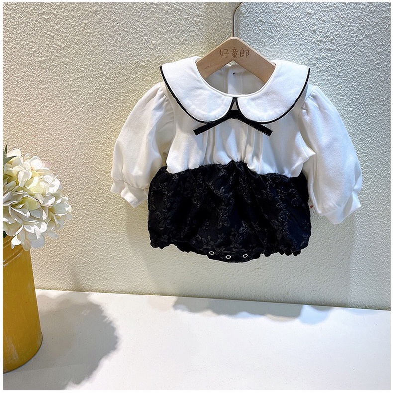 Bộ Áo Liền Quần Tay Dài Cổ Thắt Nơ Vải Cotton Phong Cách Anh Quốc Dễ Thương Cho Bé