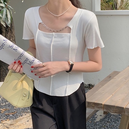 NZN Áo Thun Tay Ngắn Cổ Vuông Màu Sắc Đơn Giản Phong Cách Hàn Quốc Cho Nữ