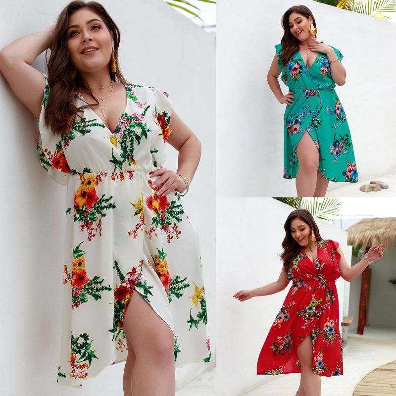 Đầm Hoa Cổ V Sâu Thời Trang Mùa Hè Dành Cho Nữ Plus Size