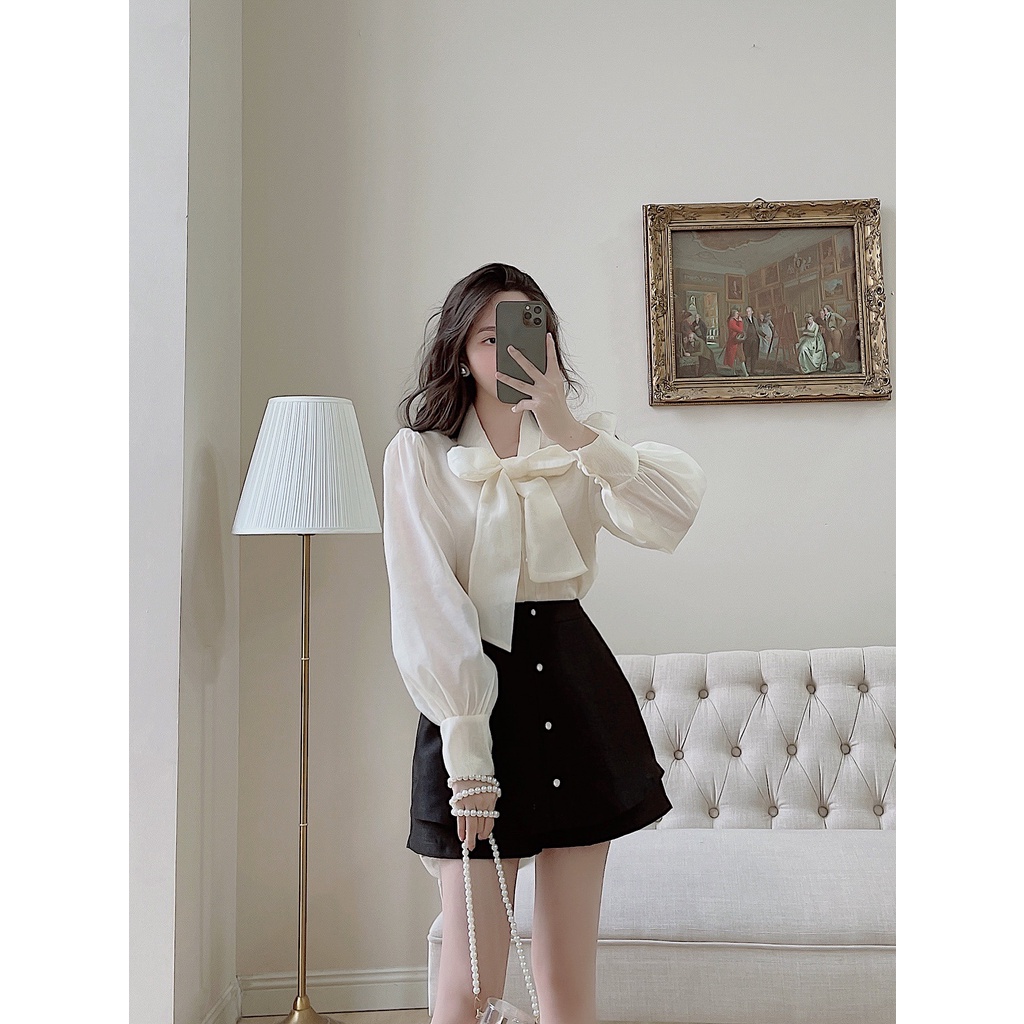 Áo sơ mi nữ buộc nơ cổ LYRA, chất tơ oganza đính cúc trai xinh xắn, tiểu thư-VSYAS0034