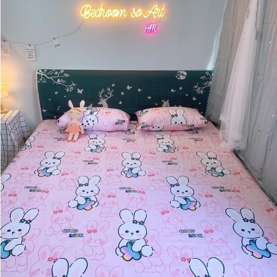 Bộ ga giường và vỏ gối Cotton 100% họa tiết 3D bé gái thỏ hồng Bedding ga gối Cotton Hàn Quốc đủ size drap nệm