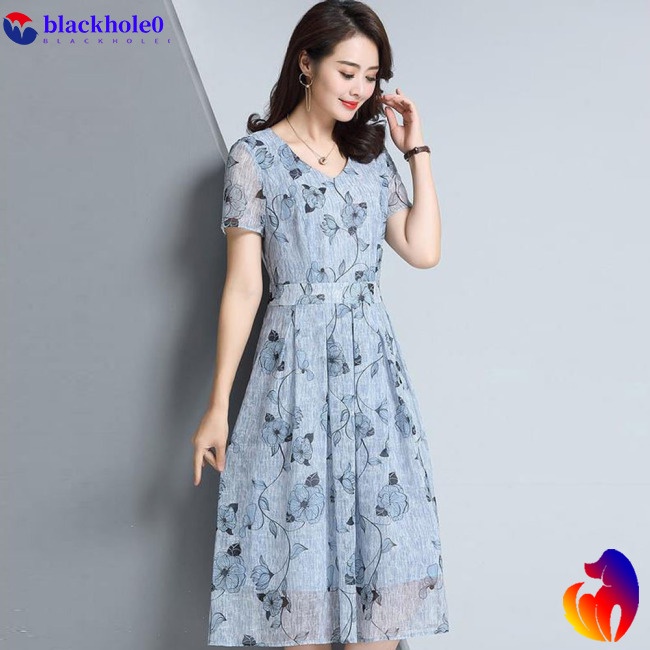 BH Summer Slim V-neck Floral Dress Elegant Short Sleeves Middle Long Printing Causal Dress