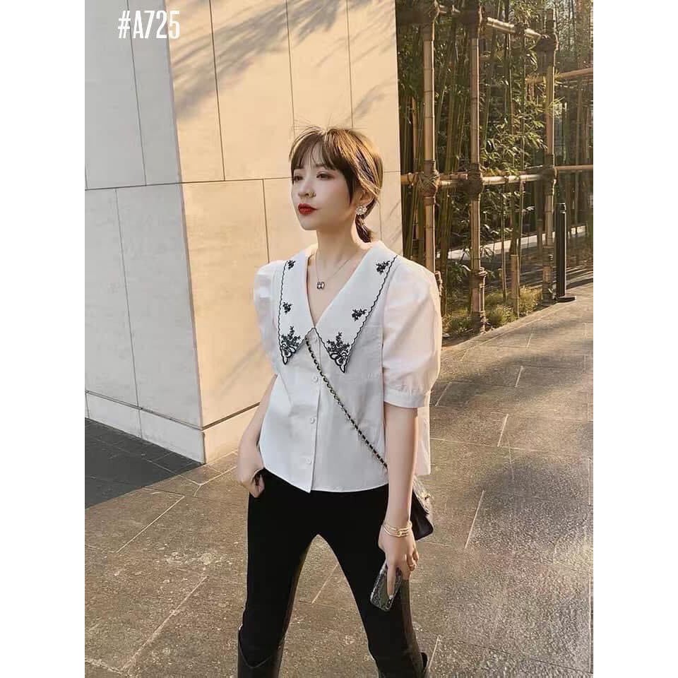 Áo Sơ Mi Trắng Cotton Cổ Thêu Cổ Bèo ( hàng thiết kế, có kèm ảnh thật )