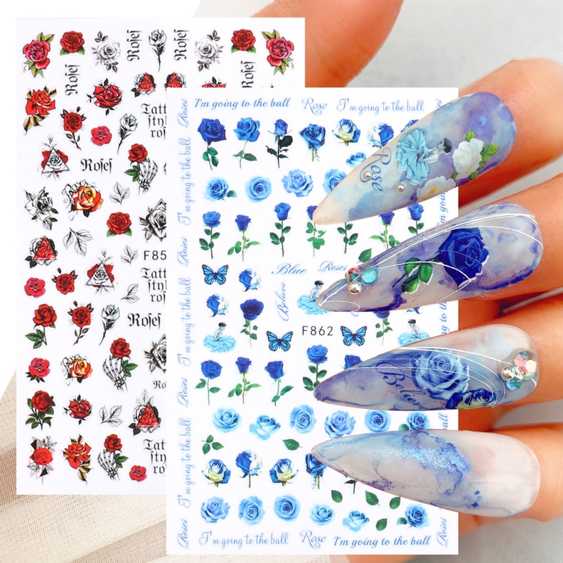 Set 6 / 10 Tấm Nhãn Dán Móng Tay Tự Dính Hình Hoa Hồng Mùa Hè