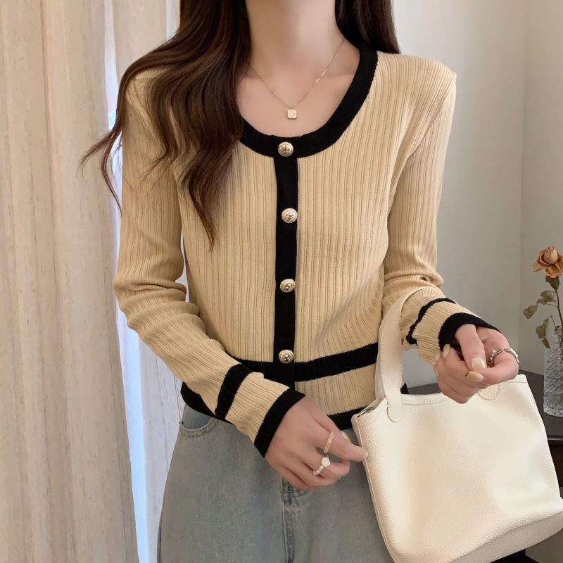 Áo Sweater Tay Dài Cổ Tròn Phối Màu Tương Phản Trẻ Trung Phong Cách Hàn Quốc