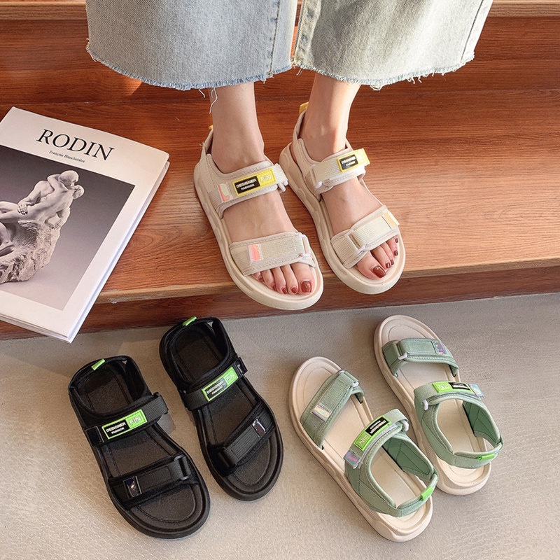 Neon074 Giày bánh mì Air đế bằng phối khóa dán phong cách hàn quốc cho nữ - mềm mại thoải mái cho mùa hè