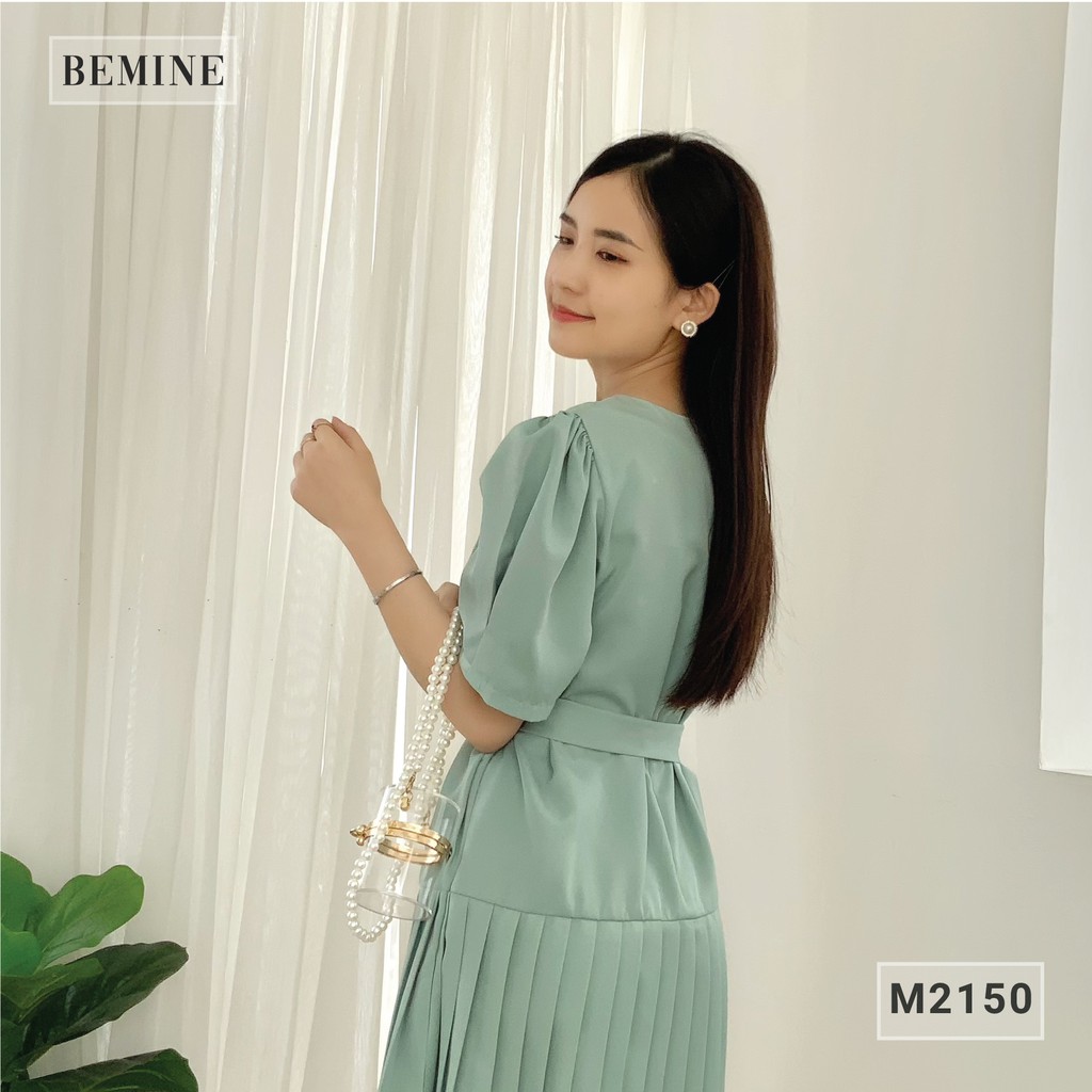 Đầm nữ công sở dáng xòe tùng xếp ly đai eo BEMINE M2150XANH | BigBuy360 - bigbuy360.vn