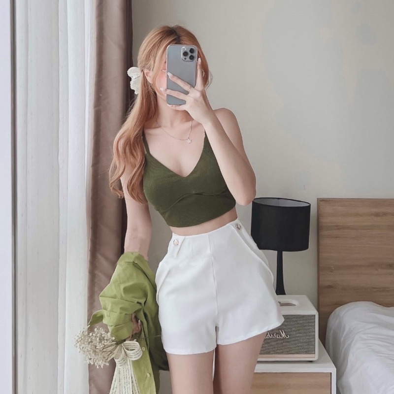 Sét bộ 3 món Áo Khoác Sơmi Tay Dài Màu Xanh Bơ kèm Áo Bra phối Quần Đùi Năng  Động Cá Tính