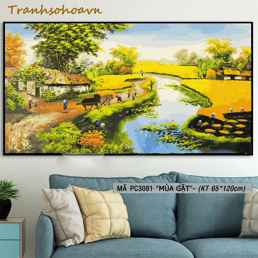 Tranh Sơn Dầu Số Hóa Tự Tô Màu Phong Cảnh Đồng Quê Việt Nam Khổ Lớn 65x120cm Tranhsohoavn Mã PC3081