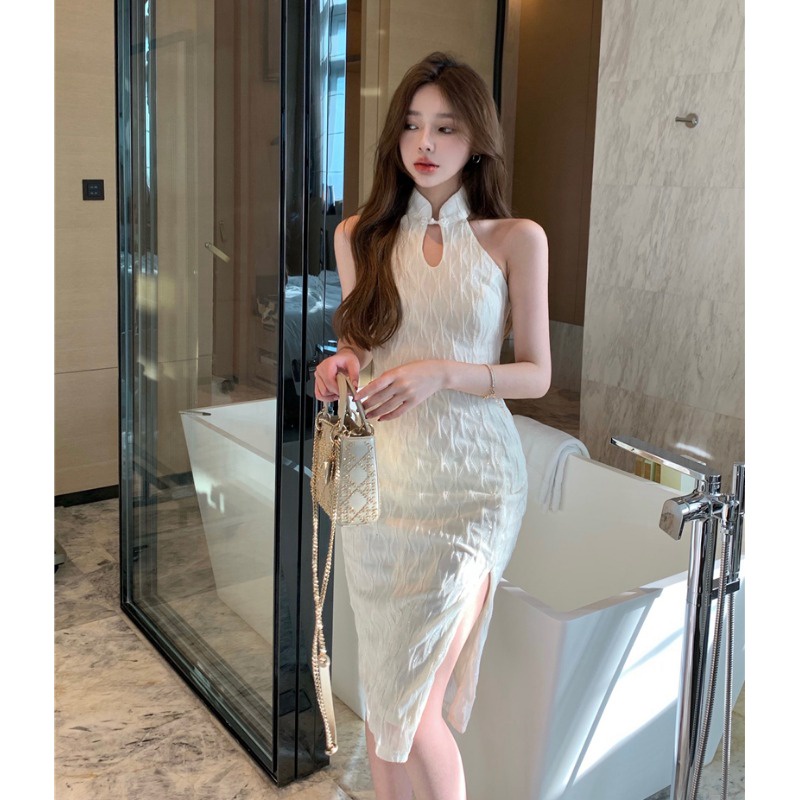 Jane Sườn xám ngắn tay xẻ tà ren gân quyến rũ