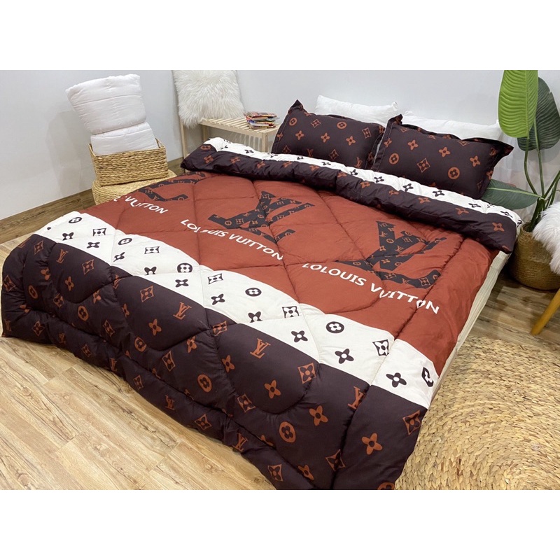 Trọn bộ 5 món chăn ga gối Poly set hè và set phao mẫu LV đen