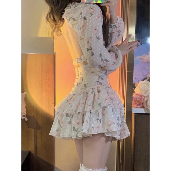 Set Đồ Nữ Váy Đầm Hoa Nhí Ngắn Áo Crotop Sang Chảnh Hở Lưng Sexy Tay Dài Đi Dự Tiệc Biển Chụp Ảnh SD012
