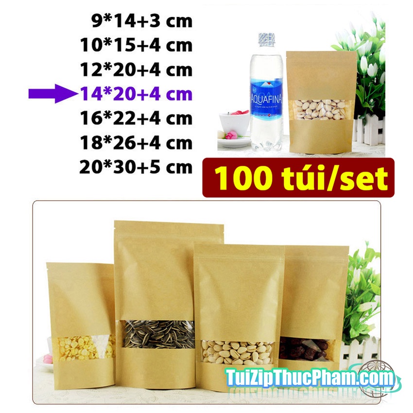 100 cái túi zip MIS size 14x20 cm đựng 200g bột mịn, túi zipper giấy kraft vàng có cửa sổ, phủ CPP đựng thực phẩm