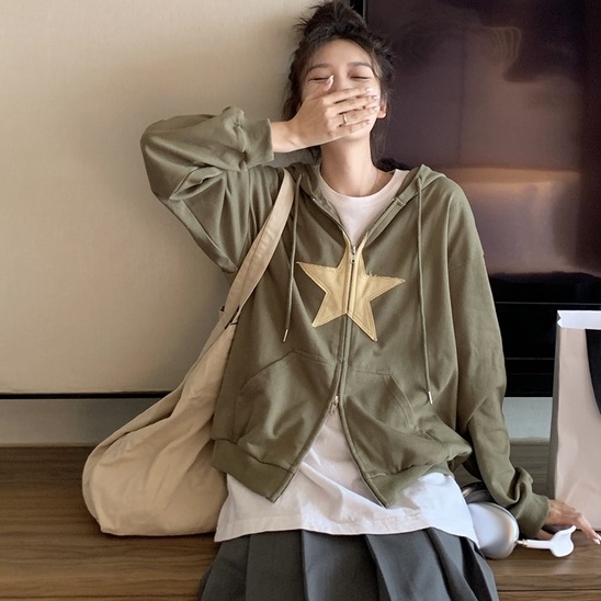 ZHELIHANGFEI Áo Hoodie Dài Tay Dáng Rộng Phối Khóa Kéo Phong Cách Retro Mỹ