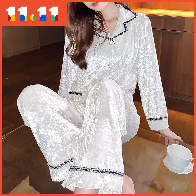 Hàng mới về Bộ đồ ngủ tay dài chất nhung phối ren phong cách công chúa thời trang thu đông Hàn Quốc cho nữ