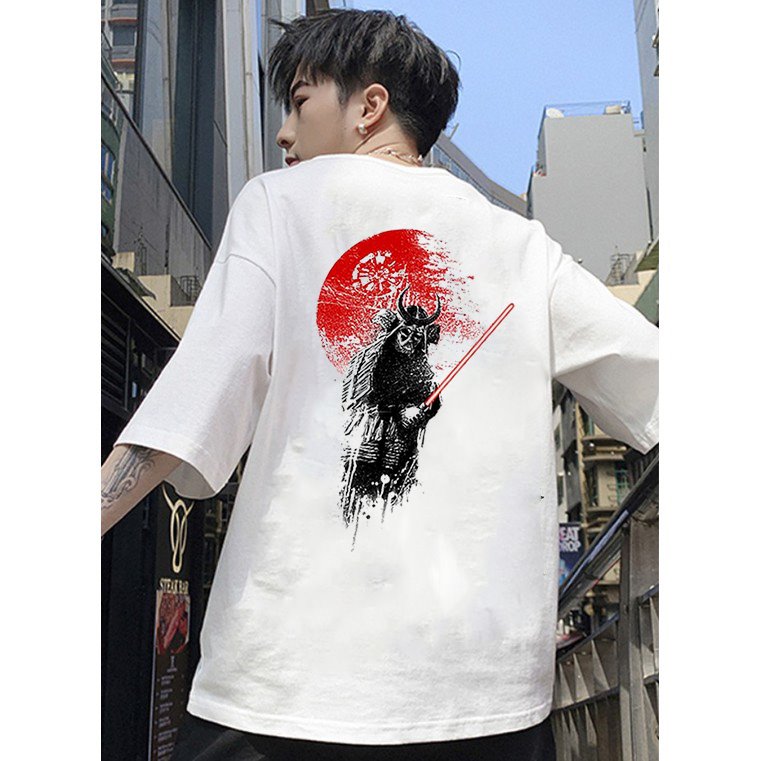 Áo phông unisex tay lỡ form rộng nam nữ họa tiết samurai vải dày mịn 2021T3176