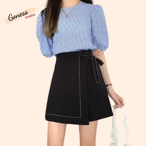 Chân váy chữ a trơn chỉ nổi có nơ buộc dáng ngắn nữ eo cao phong cách Hàn Quốc Goness CV20 | BigBuy360 - bigbuy360.vn