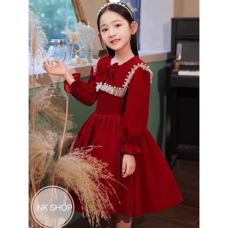 Váy nhung đỏ diện TẾT  cho bé gái (10-45Kg)_Hàng thiết kế