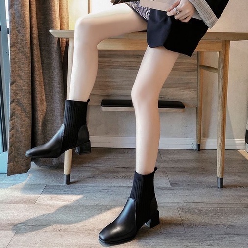 T04D - Giày boots nữ gót vuông 5 cm cổ len chun phối da lỳ sang chảnh, phù hợp đi làm, đi học, dạo phố | BigBuy360 - bigbuy360.vn