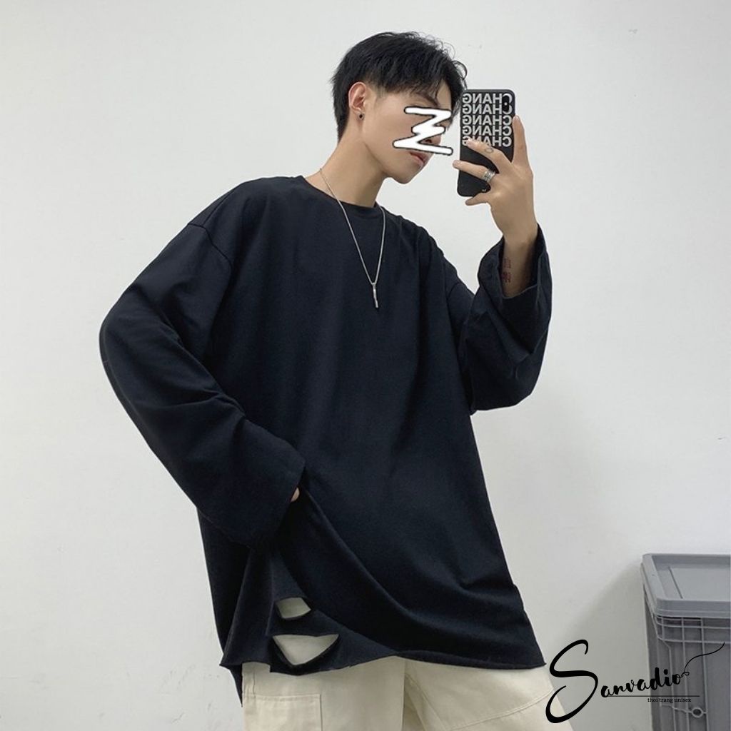 Áo Thun nam SANVADIO Áo phông dài tay from rộng unisex cá tính năng động với điểm nhấn rách gấu áo phá cách
