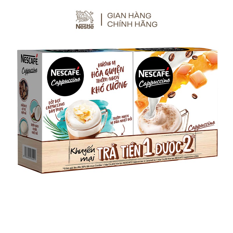 [Mua 1 được 2] Combo Nescafé Cappuccino vị dừa và vị caramel (2 Hộp x 10 gói x 20g)