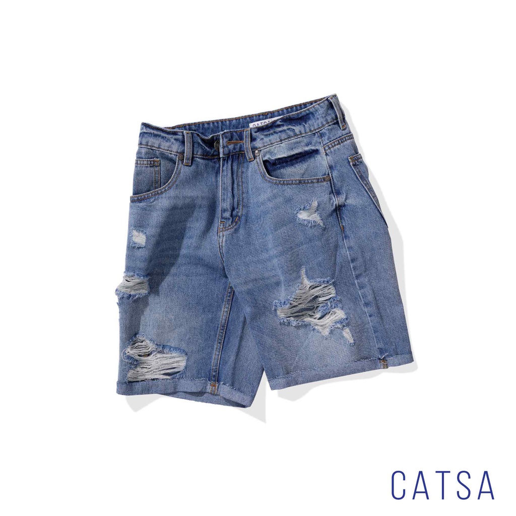 CATSA Quần lửng jeans nam wash rách năng động, phong cách QSM026