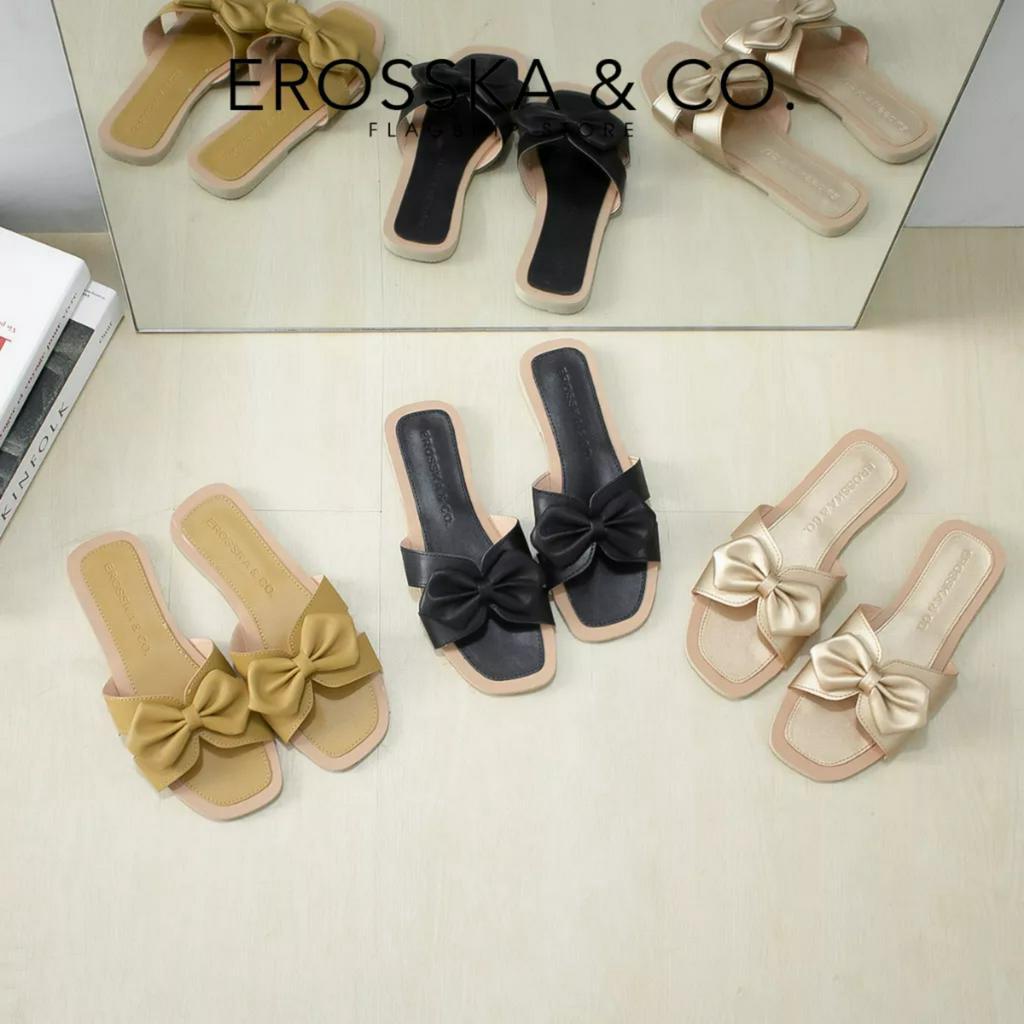 Erosska - Dép nữ đế bệt tiểu thư gắn nơ phong cách Hàn Quốc 2023 màu gold _ DE062