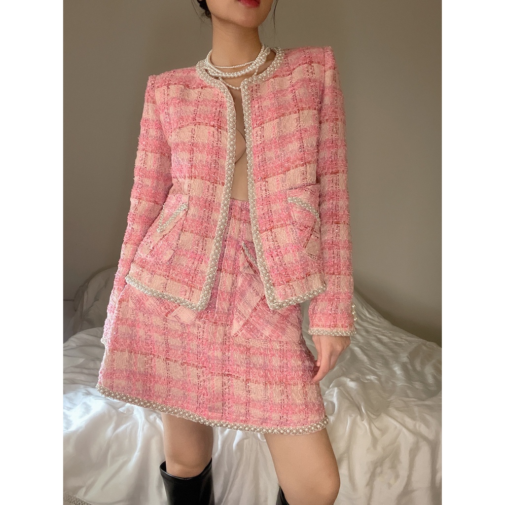 Set áo vest tweet hồng và chân váy chữ A HUONG BOUTIQUE HBVEST133 | BigBuy360 - bigbuy360.vn