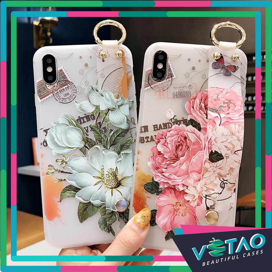 Ốp lưng Iphone 11 Pro hoa lớn phong cách Hàn Quốc - hoạ tiết hoa nổi - ốp bảo vệ điện thoại chắc chắn với dây đai