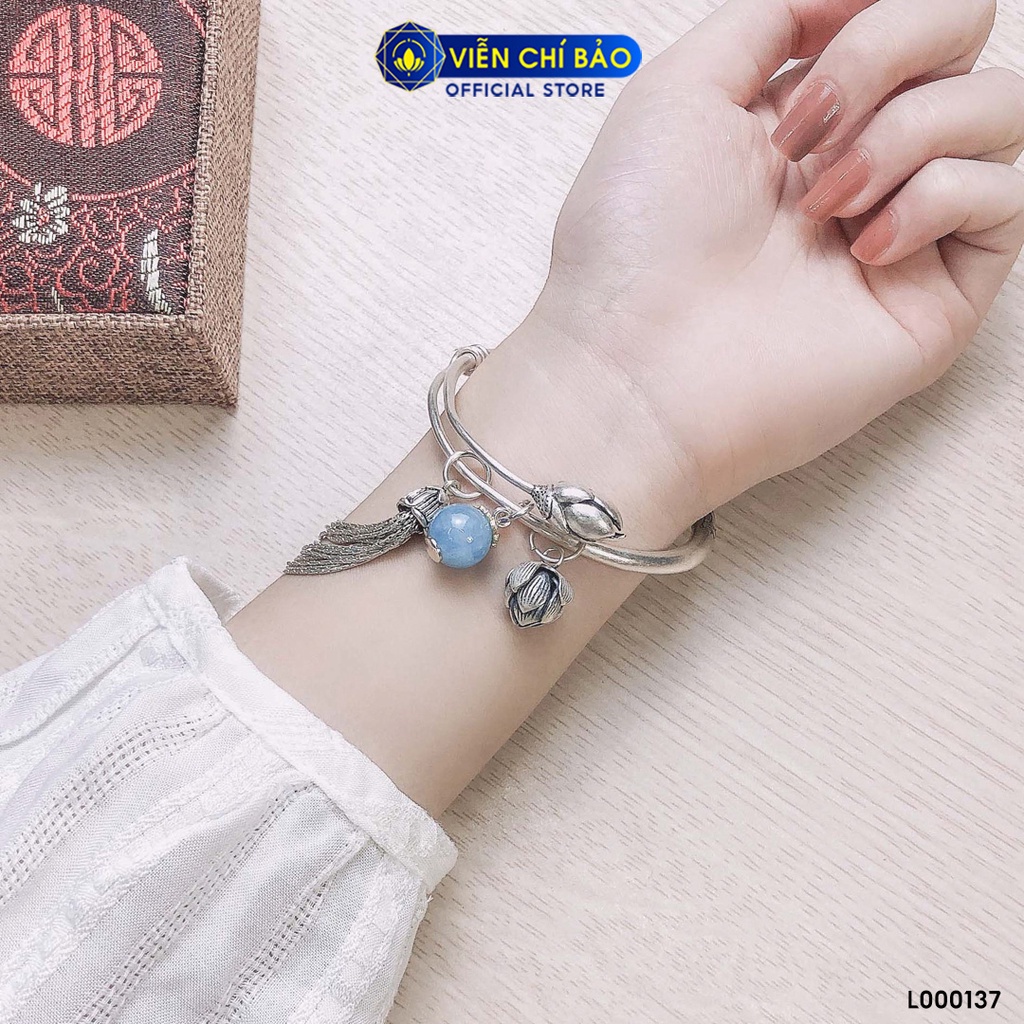 Kiềng tay bạc nữ hoa sen tua mix đá Aquamarine bạc Thái 925 thời trang phụ kiện trang sức nữ Viễn Chí Bảo L000137