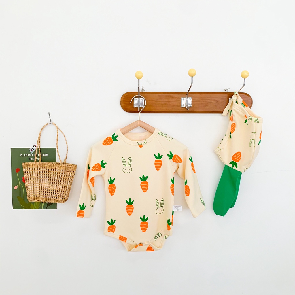Bộ Áo Liền Quần Tay Dài + Nón Vải Cotton Họa Tiết Hoạt Hình Dễ Thương Cho Bé Sơ Sinh 0-24 Tháng Tuổi