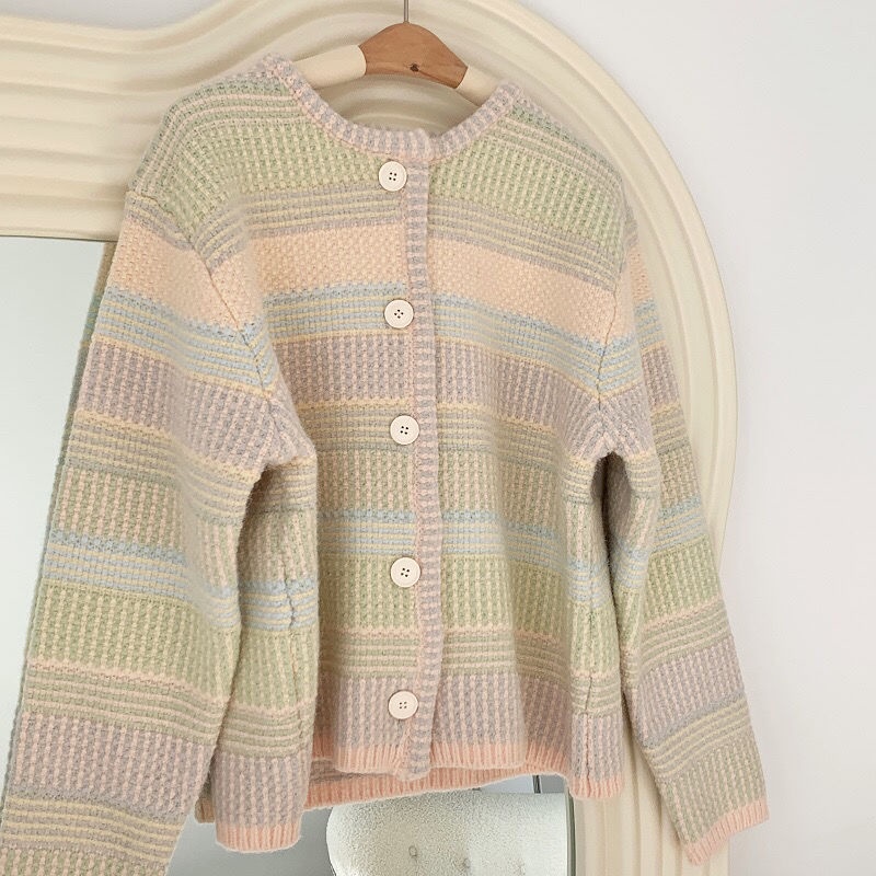 Áo Khoác Cardigan Dệt Kim Dáng Rộng Họa Tiết Kẻ Sọc Màu Sắc Cầu Vồng Xinh Xắn Thời Trang Mùa Đông Cho Nữ