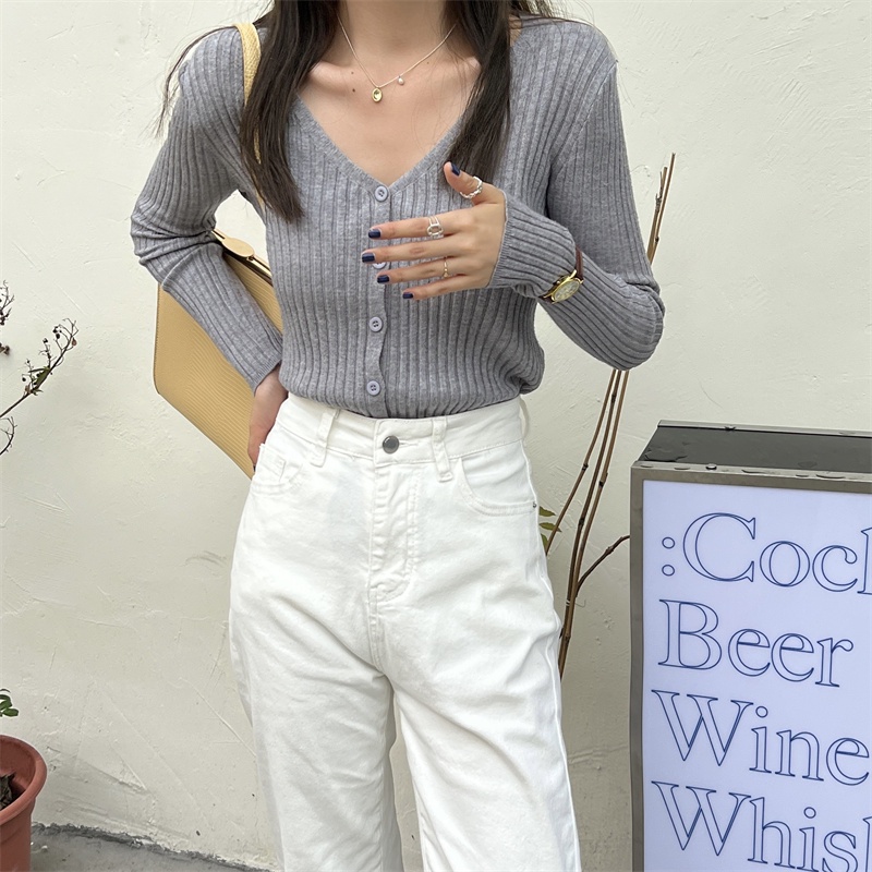 SUXI Áo Cardigan Dệt Kim Tay Dài Cổ Chữ V Màu Sắc Đơn Giản Cho Nữ