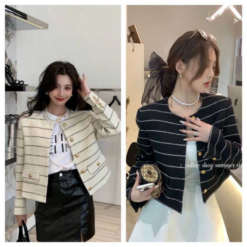 Aó dạ tweed dáng ngắn cổ đức túi nắp phong cách hàn quốc