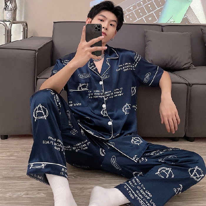 Bộ Đồ Ngủ Lụa Satin Tay Ngắn Dáng Rộng Phong Cách Hàn Quốc Thời Trang Cho Nam Size L-3XL