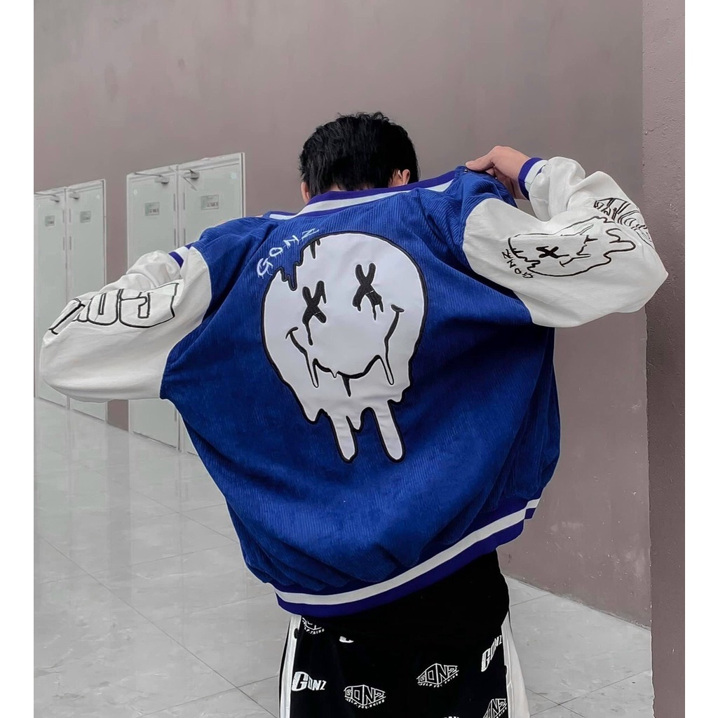 Áo Khoác Bomber Nhung Gân Tăm Thêu G-SMILE Jacket Varsity GONZ Unisex Form Rộng Ulzzang NUPAKACHI - Hàng mới về