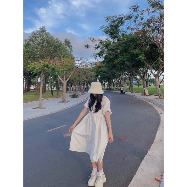 Đầm trắng THÊU HOA XANH phong cách ulzzang