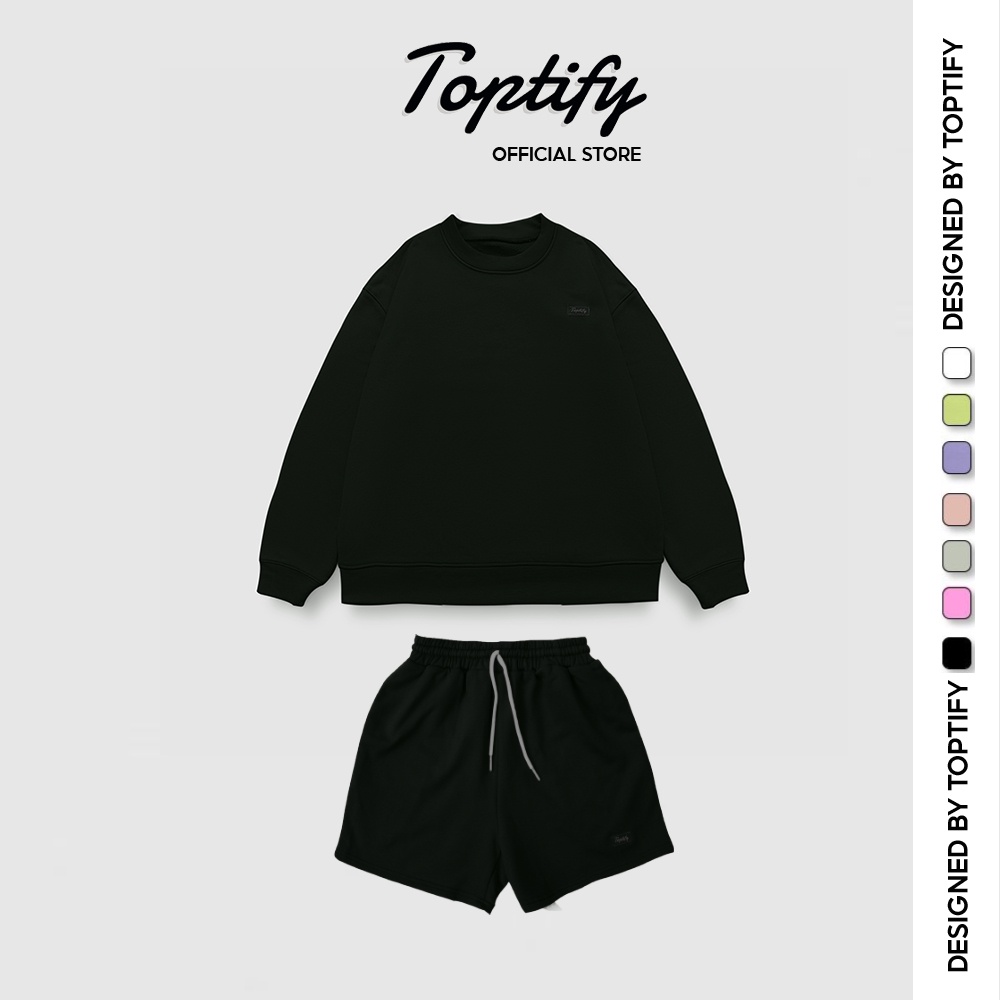 Bộ quần áo nỉ trơn oversized logo TOPTIFY sweater và short form basic Keep Running Set S12