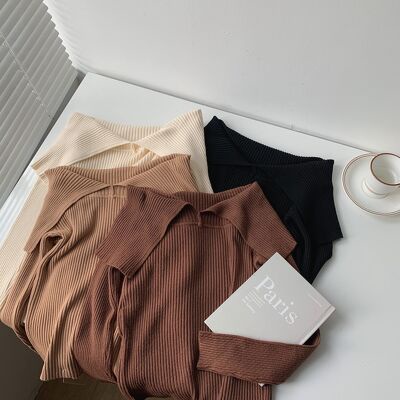 Áo len bẹt vai xẻ A-0020, áo trễ vai len gân xẻ vạt | BigBuy360 - bigbuy360.vn