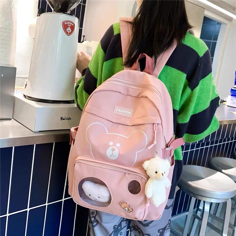 Balo Nam Nữ Ulzzang Basic phối gấu BURO Balo đi học Cấp 2 1 3 học sinh dễ thương BL80