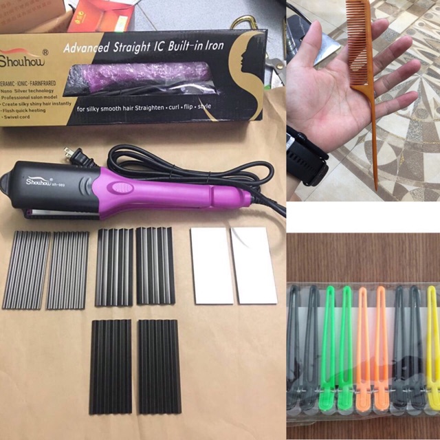 Combo Máy Dập Xù Duỗi Tóc Đa Năng Shouhow 4in1 + Lược Gỗ Chuôi Nhọn + Bộ 12 Kẹp Vịt Giá Rẻ