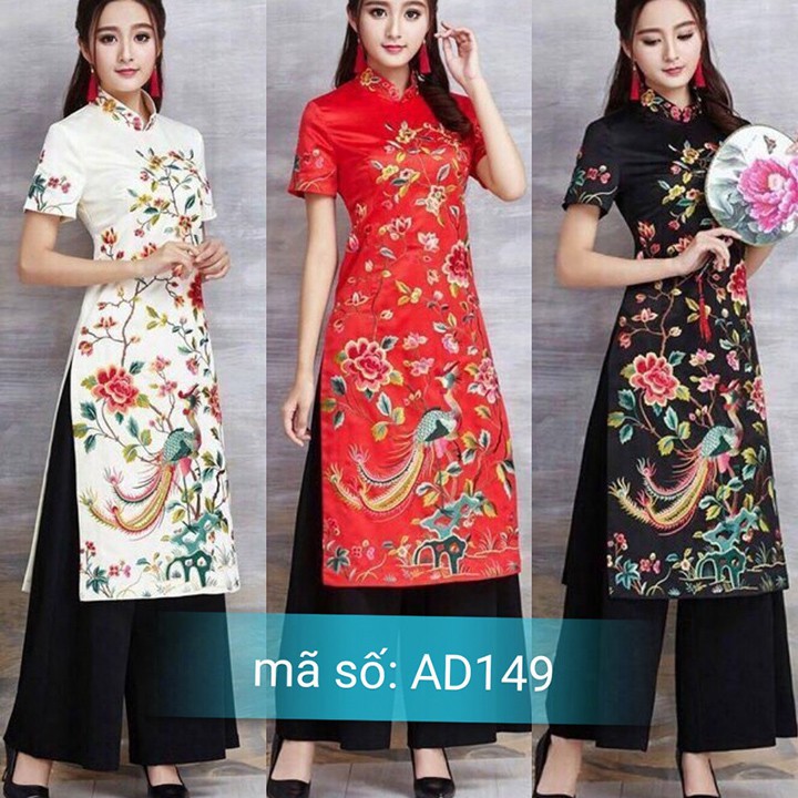 Màu đỏ có size 3XL Set Áo Dài Cách TÂN CỔ TRỤ HỌA TIẾT LONG PHỤNG KÈM QUẦN VOAL ỐNG RỘNG