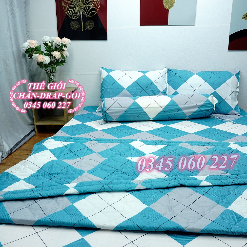 (RẺ VÔ ĐỊCH) bộ drap cotton Thắng Lợi, ga trãi giường 100% chuẩn LOGO ( Ô XANH NGỌC)