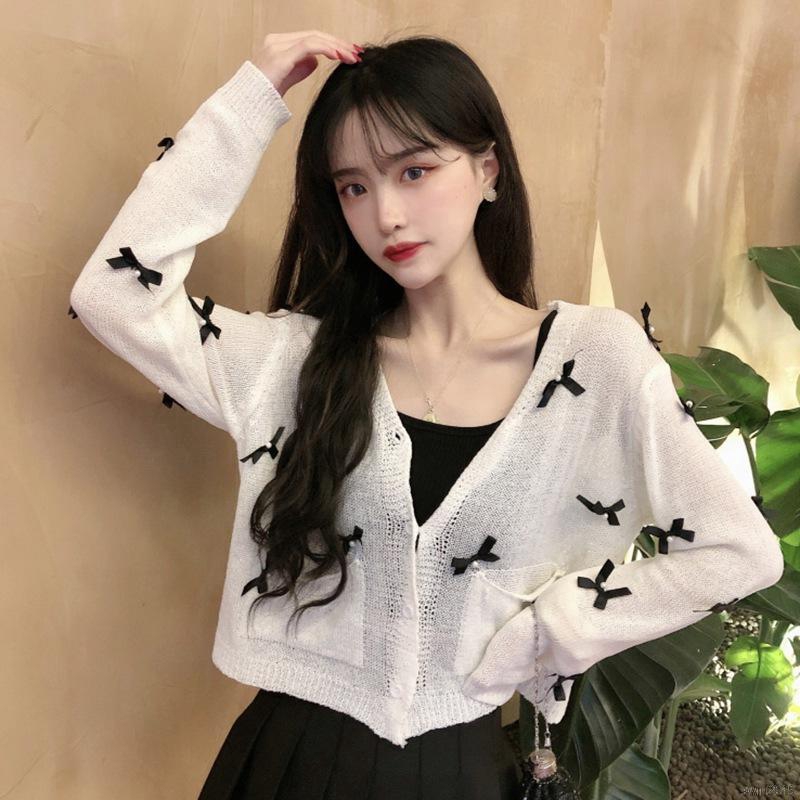 Women Small Knitted Bow Decoration Long-sleeved Slim Sunscreen Jacket Ladies Breathable Sweet Cardigan