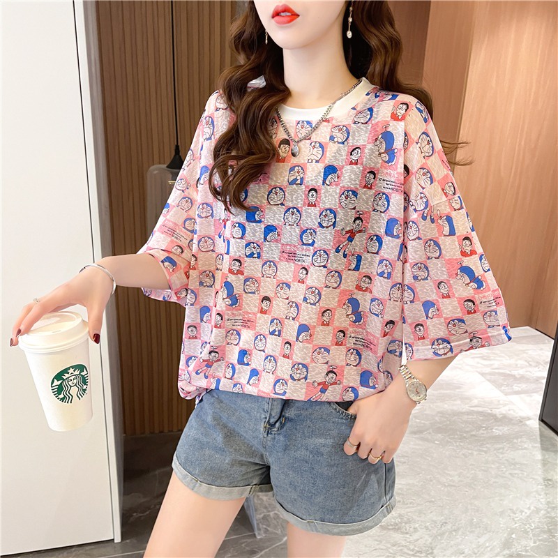 【ZHELIHANGFEI】 / Áo Thun Tay Ngắn Dáng Vừa In Họa Tiết Bằng Lụa Băng Thời Trang Mùa Hè Dành Cho Bạn Nữ