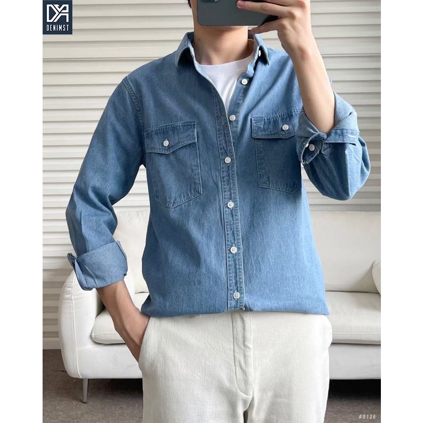 Áo sơ mi denim cao cấp 2 túi DNS, áo sơ mi cổ bẻ form rộng S126