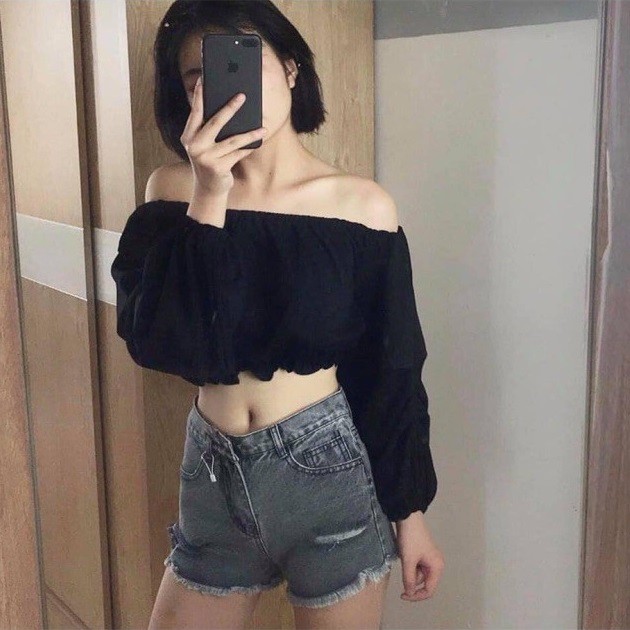 ÁO CROPTOP TRỄ VAI | ÁO CROPTOP KIỂU DÁNG TAY DÀI BÈO CHẤT LIỆU VOAN LỤA 2 MÀU ĐEN/TRẮNG SIÊU RẺ