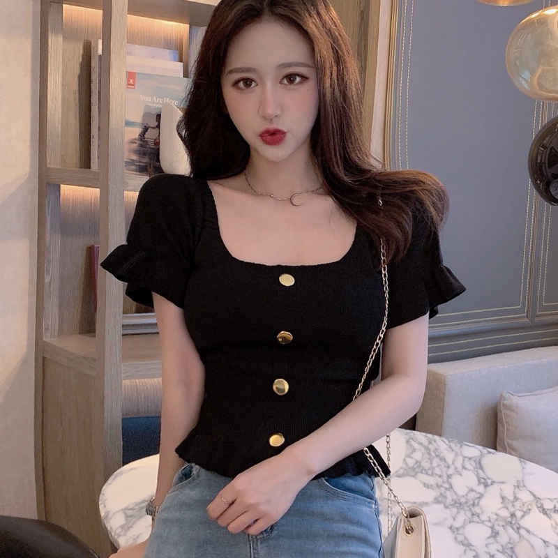 Áo Croptop Dệt Kim Cổ Vuông Tay Ngắn Có 4 Màu Thời Trang Cho Nữ