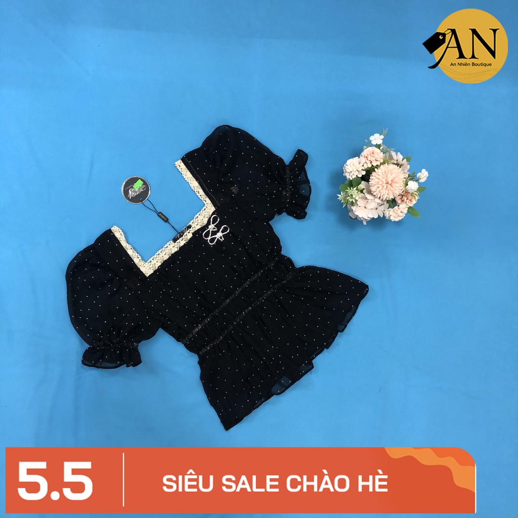 Áo peplum tay phồng chấm bi kiểu cổ phối ren, tay bo phồng cực xinh